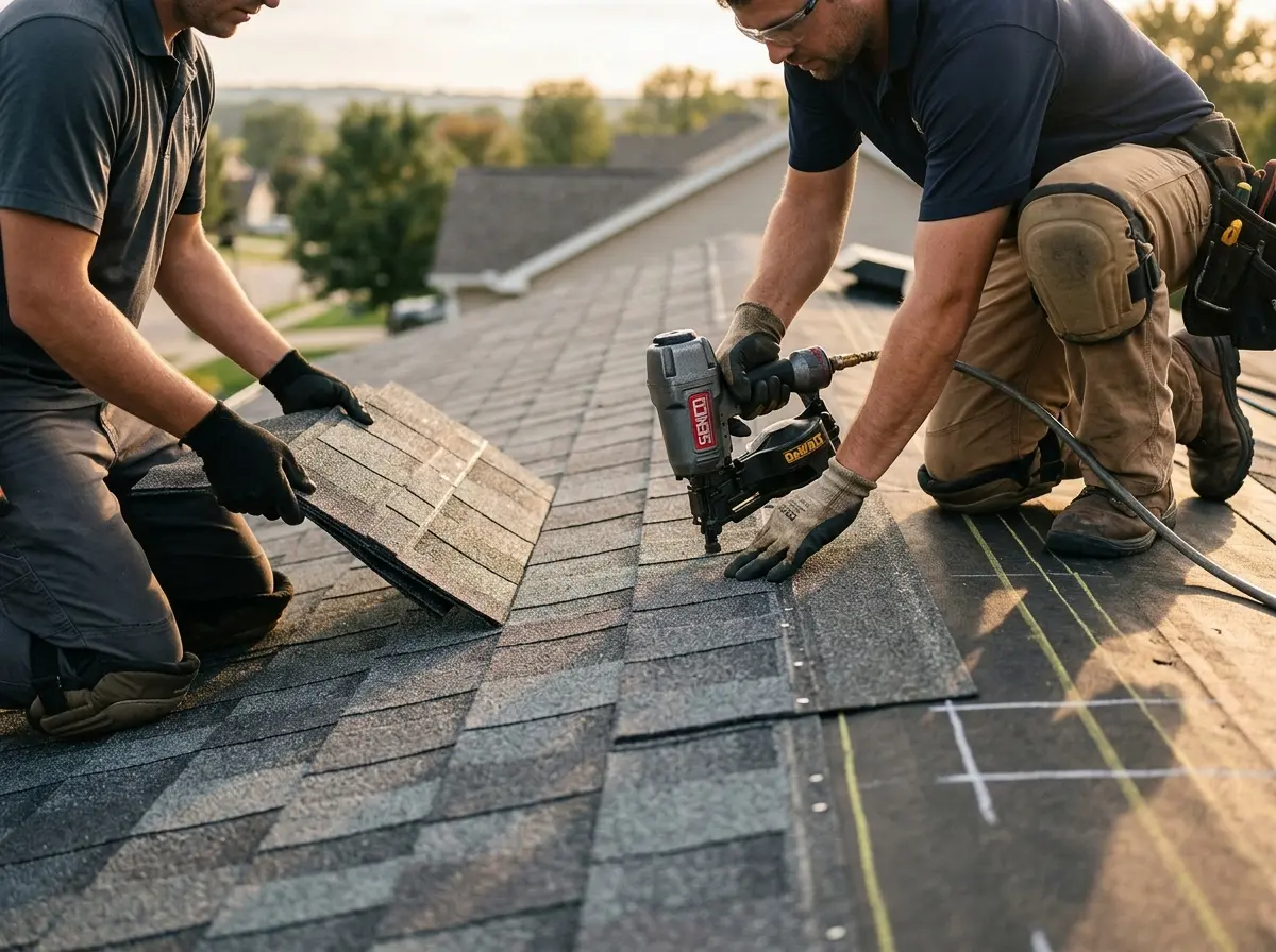 Professional roofer working on a residential roof in Douglass Hills